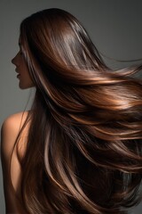 Fototapeta premium Elegant long hair movement, glossy healthy strands, high-end fashion beauty lighting