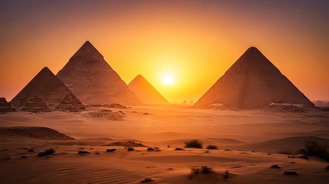 Stunning pyramids at sunset in a vast desert landscape.