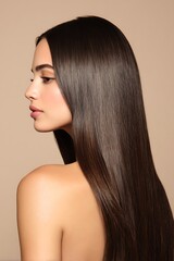 Fototapeta premium Premium hair wellness portrait, sleek hair, calm luxury mood, beige background,