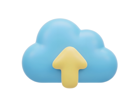 A 3D render of a light blue cloud icon with a yellow upward arrow - Powered by Adobe