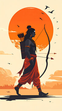 Ram Navami Festival Poster with Lord Rama Walking with Bow at Sunrise