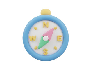A 3D stylized brightly colored cartoon compass with a blue rim and directional markings