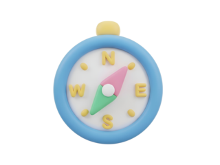 A 3D stylized brightly colored cartoon compass with a blue rim and directional markings