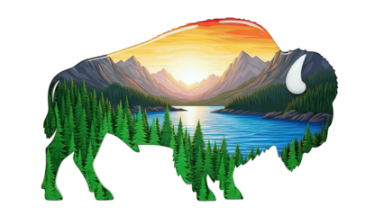 Bison Silhouette with Mountain Landscape