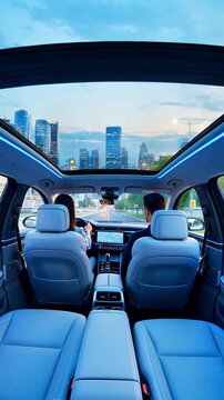 Couple enjoys a scenic drive through a modern city skyline at dusk with panoramic sunroof