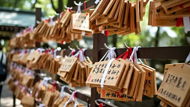 Wooden plaques hang at a shrine, filled with messages of hope and prayer.