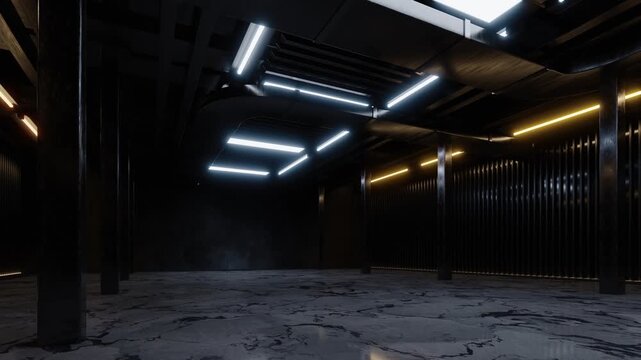 Dark building with neon illumination, 3d rendering 4k