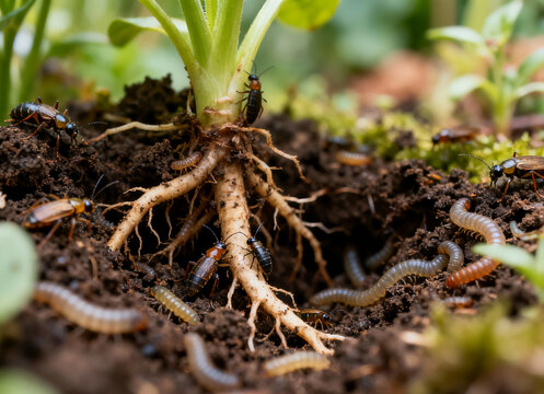 Extreme macro view of tiny insects and diverse soil life teeming around plant roots, hidden ecosystem in a garden.