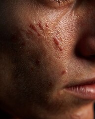 Obraz premium Macro image of facial skin with post-acne scars and uneven texture on white background