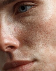 Fototapeta premium Macro image of facial skin with post-acne scars and uneven texture on white background