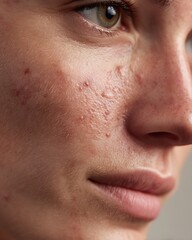 Fototapeta premium Macro image of facial skin with post-acne scars and uneven texture on white background