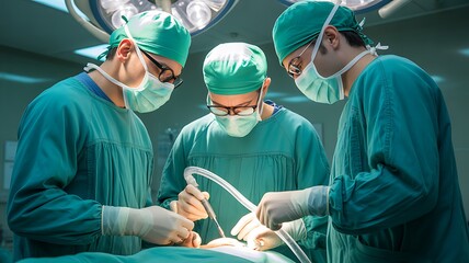 Three focused surgeons wearing masks and scrubs perform a delicate medical operation under bright lights