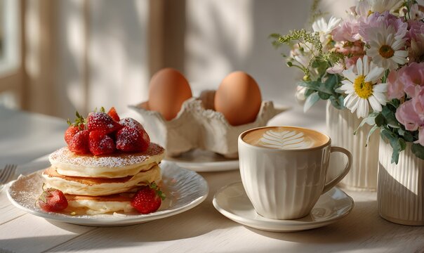 Romantic breakfast table in a cozy cafe interior, pancakes stacked with fresh strawberries and powdered suga