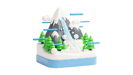 3D stylized mountain landscape with waterfall and pine trees