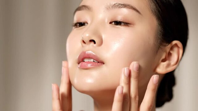 A woman gently touches her face with fingers, applied with skincare product, radiant complexion