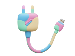 Stylized pastelcolored electrical plug and USB cable on white