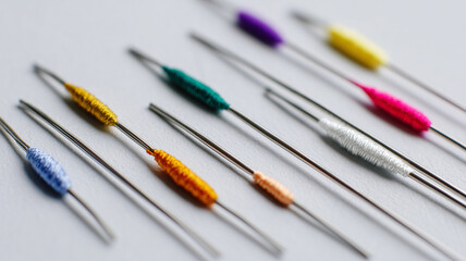 Fototapeta premium Colorful needles and threads with sewing concept on white background.