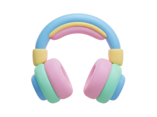 Stylized 3D render of pastelcolored layered headphones on a white background