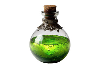 Ornate Glass Alembic Flask Filled With Glowing Green Bubbling Liquid Isolated