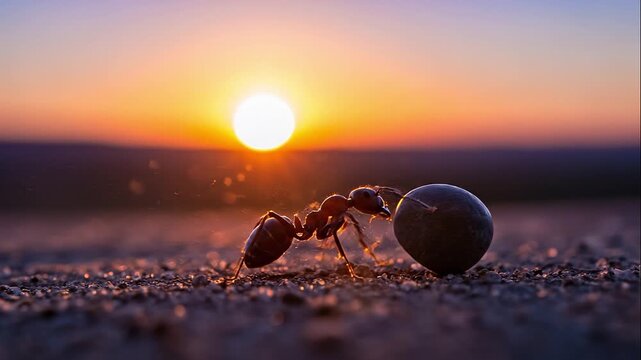 Ant carrying stone at sunset macro view of insect