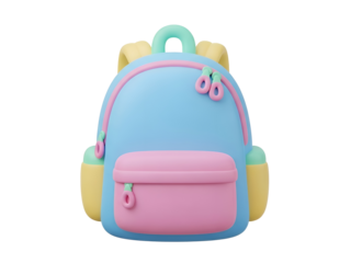 3D rendered illustration of a light blue and pink backpack with yellow accents