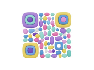 Playful colorful 3D QR code made of rounded candylike shapes on white
