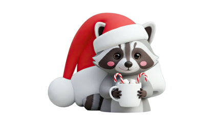Cute Raccoon in Santa Hat Holding Hot Chocolate with Candy Canes