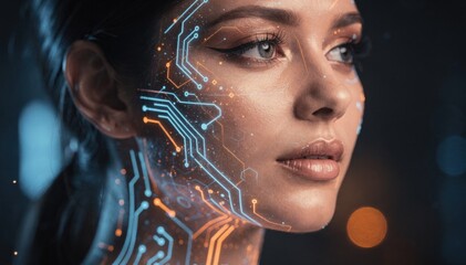 Futuristic woman's face with glowing circuit patterns and digital data overlay