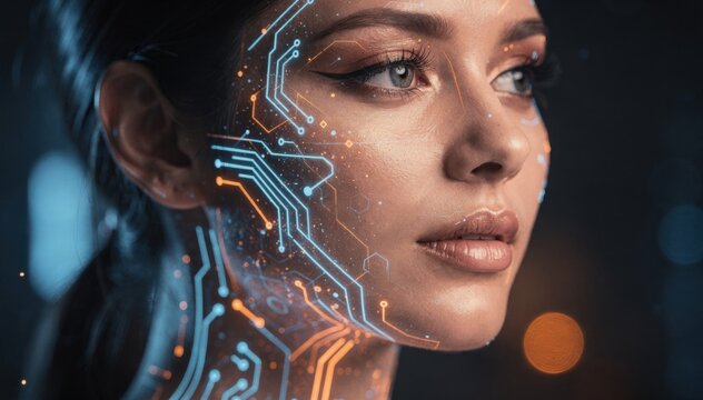 Futuristic woman's face with glowing circuit patterns and digital data overlay - Powered by Adobe