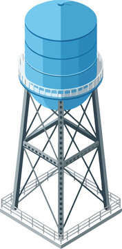 Isometric illustration of a tall blue elevated water tower with a gray metal support structure
