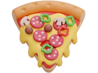 3D cartoon slice of pizza with cheese pepperoni mushrooms and peppers