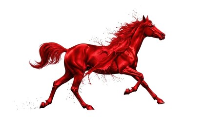 A red, metallic horse with a dynamic pose, running on a white background.