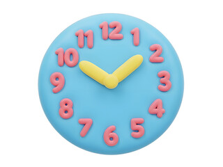 Stylized blue clock face with pink numbers and yellow hourminute hands