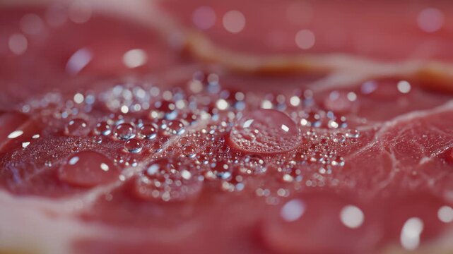 Water Droplets Falling on Red Meat Surface Close-Up