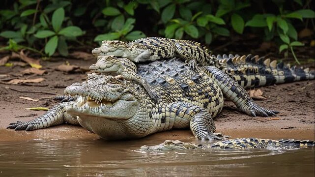 Caiman mother with hatchlings resting on riverbank jungle wildlife