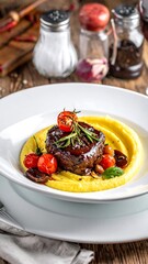 Elegant dinner plate featuring juicy meat, mashed potatoes, and tomatoes, garnished with rosemary on aged wood