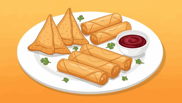 Cartoon illustration of crispy samosas and spring rolls served with red dipping sauce on a white plate, concept for restaurant menu design, food blog content and cultural cuisine promotion