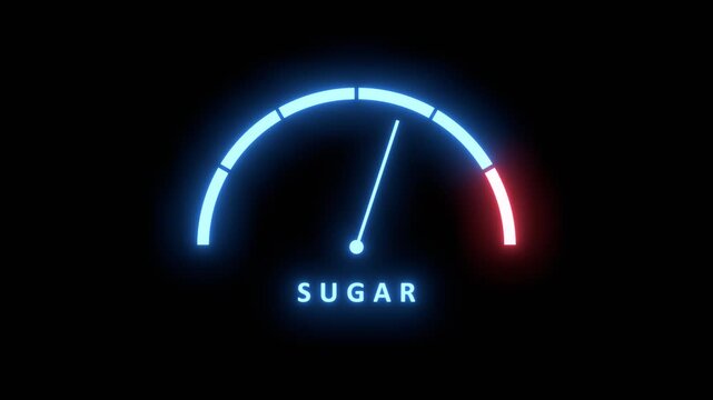 Medical background concept. Neon glowing measure scale showing high level of sugar. Unhealthy eating.