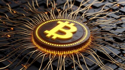 Bitcoin logo on a circuit board with glowing wires