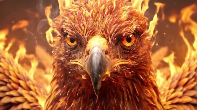 A magnificent and powerful bird with vibrant, fiery plumage emerges from intense, flickering flames, its sharp, intelligent eyes glowing with an inner light. This majestic, mythical creature embodies 