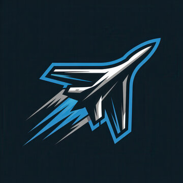 Bold futuristic aircraft logo with a sharp blue and white jet silhouette and energetic speed trails on a dark background for aviation racing esports technology and team identity concepts