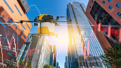 Drone with Financial Graphs in Urban Skyline