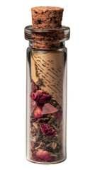 Small Glass Vial Stoppered With Cork Filled With Dried Herbs Rose Quartz Chips And Rolled Parchment