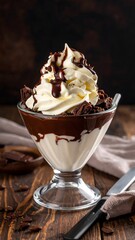 Decadent ice cream sundae in a glass, topped with whipped cream, brownie pieces, and chocolate sauce