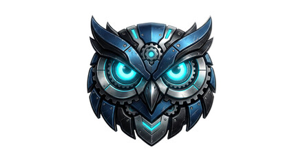 Futuristic Robotic Mechanical Owl Mascot Logo with Glowing Blue Eyes