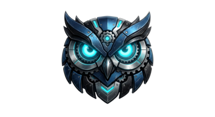 Futuristic Robotic Mechanical Owl Mascot Logo with Glowing Blue Eyes