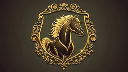 A majestic horse in a golden ornate frame against a dark background.
