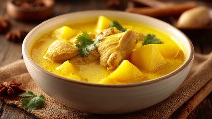 Delicious Chicken Curry with Potatoes in Creamy Coconut Sauce Served in a Rustic Bowl on a Wooden Table with Spices in the Background