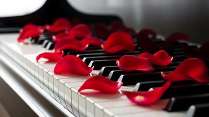 Red Rose Petals Scattered Across Black and White Piano Keys for a Romantic Serenade