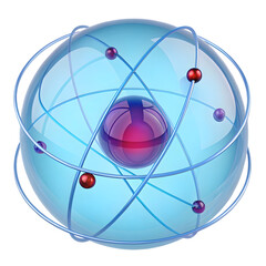 3D Atom Model with Orbiting Electrons and Nucleus on transparent background